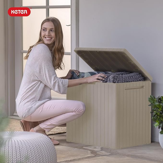 Keter City 30 Gallon Resin Outdoor Storage Box & Patio Side Table for Balcony, Pool, Deck & Garden Accessories, Weather‑Resistant, Beige - Image 10