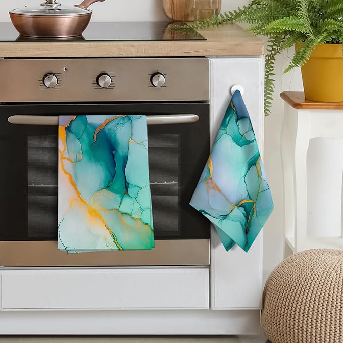 Teal Gold Kitchen Towel Set of 4 Soft Absorbent Marble Texture Turquoise - Image 4