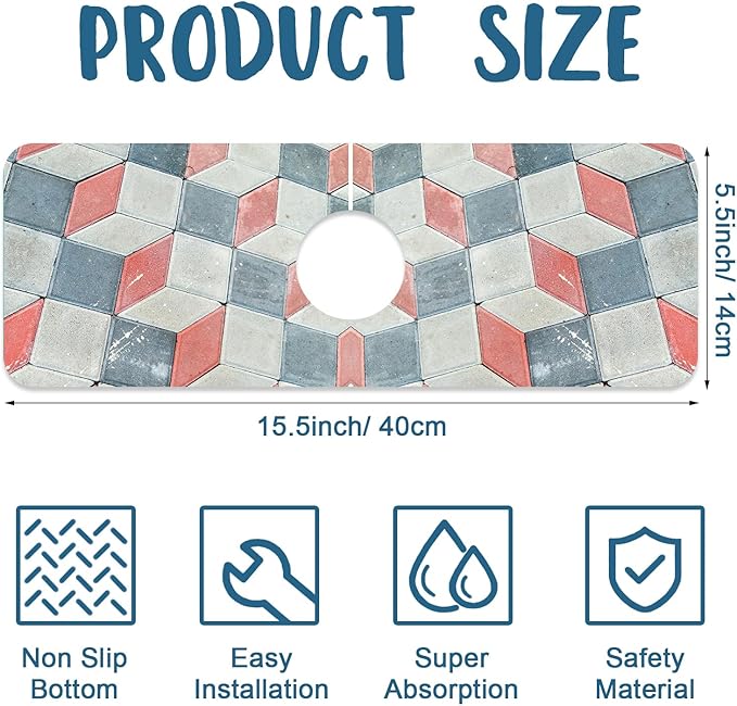 Red Gray Tile Sink Splash Guard Faucet Mat Red White Diamond Super Absorbent - Image 2