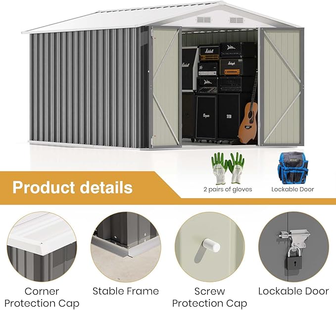 Patiowell 12 x 8 FT Outdoor Storage Shed, Steel Shed Storage House with Design of Lockable Doors, Utility and Tool Storage for Garden, Patio, Backyard, Outside use, Gray - Image 6