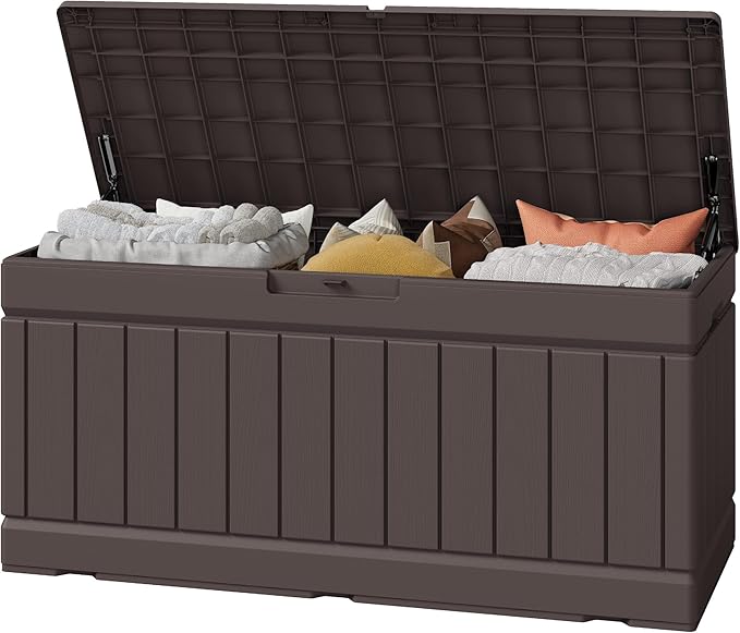 Greesum Outdoor Storage Box 82 Gallon Storage Bin with Lid for Patio Furniture, Garden Tools, Pool Supplies, Waterproof and UV Resistant, Lockable, Dark Brown by BuynowfromGreesum