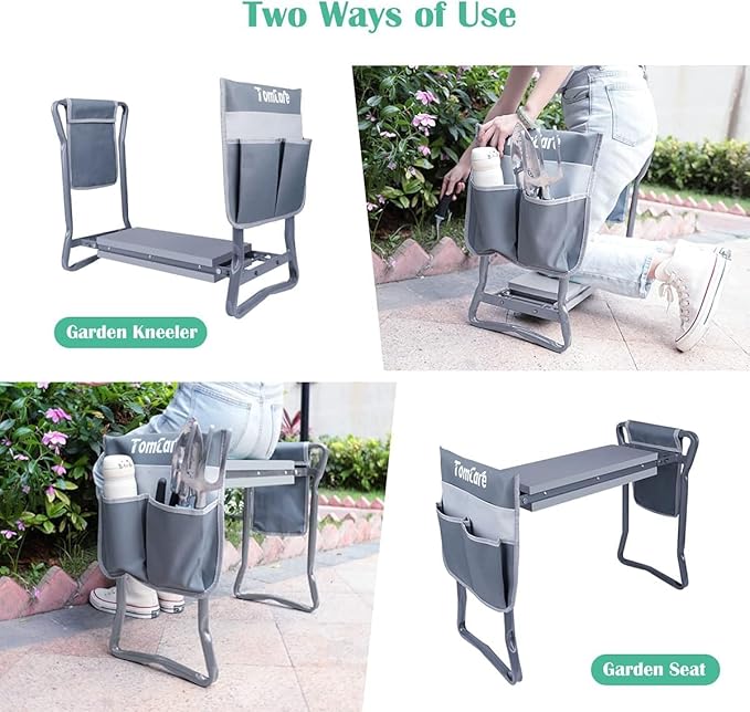 TomCare Garden Kneeler Seat Garden Bench Garden Stools Foldable Stool with Tool Bag Pouch EVA Foam Pad Outdoor Portable Kneeler Christmas Gardening Gifts for Women Men,Large 21.65"x10.62"x18.89",Grey - Image 3