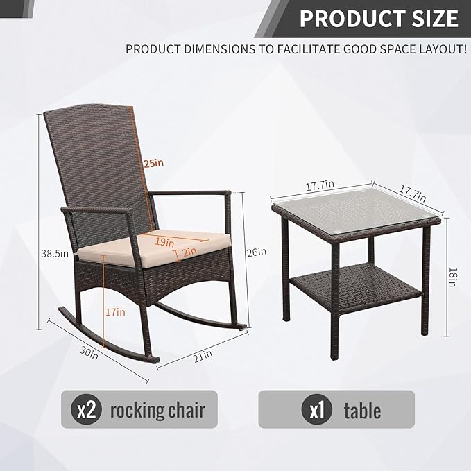 Outdoor Rocking Chair 3 Pieces High-Backed Rocking Chair Patio Rocking Chairs Outdoor Table, Khaki - Image 2