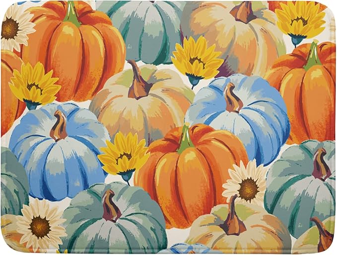 Giwawa Fall Dish Drying Mat 18"x24" Watercolor Autumn Teal Blue Orange Pumpkins by Giwawa
