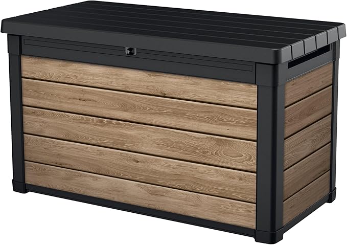 Keter Ashwood 100 Gallon Resin Deck Box Organization and Storage for Patio Furniture Outdoor Cushions, Throw Pillows, Garden Tools and Pool Toys, Brown by Keter