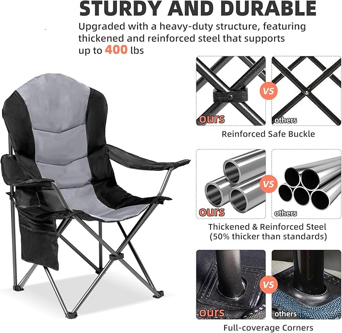 2 Pack Folding Camping Chairs for Adults - High Back Padded Outdoor Lawn Chairs with Lumbar Support & Cup Holder, 400lbs Heavy Duty Portable Camping Chairs Set (Black & Light Gray) - Image 6