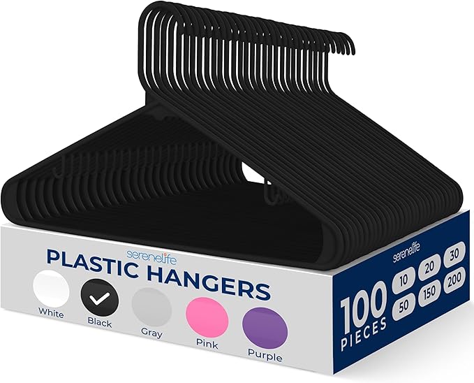 SereneLife 100-Pack Black Plastic Hangers – Ultra Lightweight Non-Slip Slim by SereneLife
