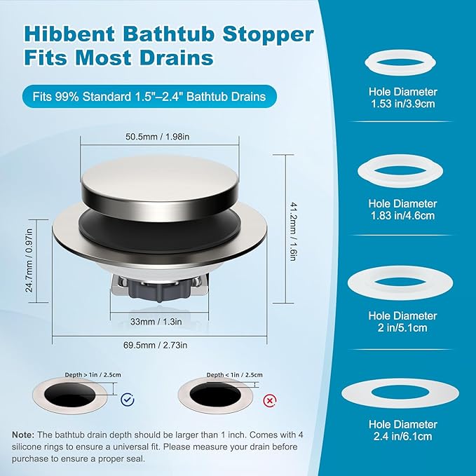 Hibbent 2 Pack 3 in 1 Metal Bathtub Drain Stopper, Universal Pop Up Tub Stopper - Image 3
