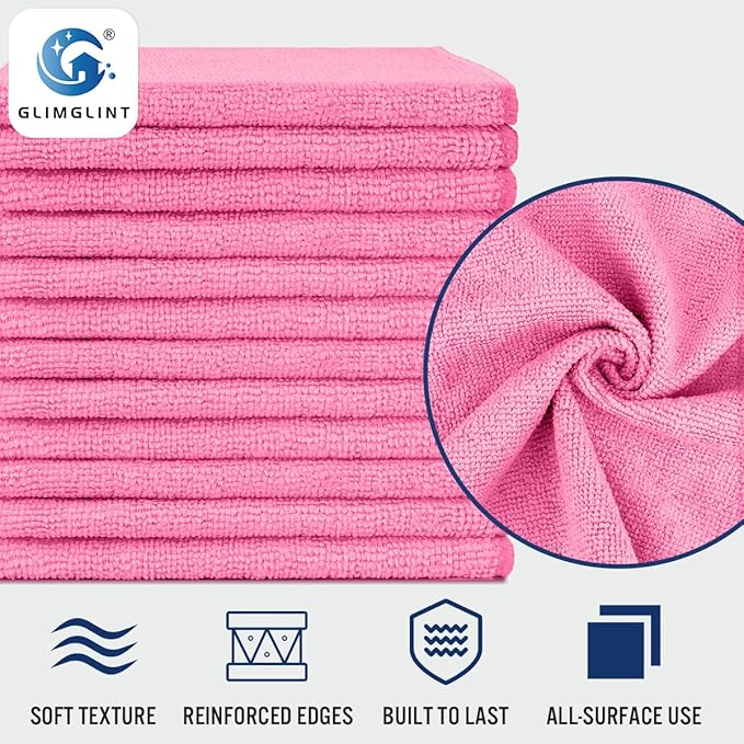 GLIMGLINT Pink Microfiber Cleaning Cloth, 12PK Reusable Cleaning Rags, Highly - Image 3