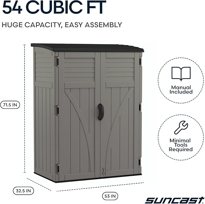Suncast Outdoor Storage Cabinet Waterproof Resin Vertical Outdoor Storage Shed (54 cu. ft.) for Patio, Garden Tools, Cushions, & Equipment. Weatherproof Plastic Multi-Wall Design, Capacity Made in USA - Image 9