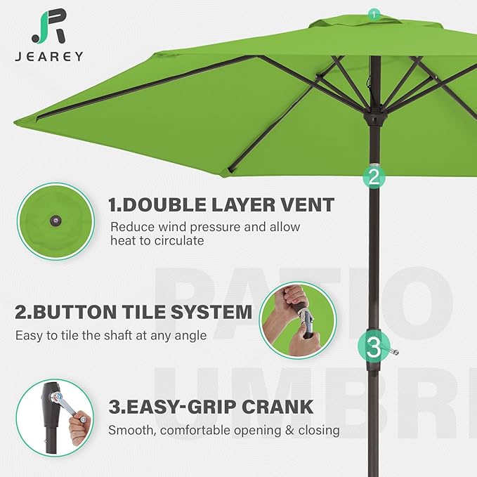 JEAREY 7.5FT Patio Umbrella Market Table Umbrella with 6 Sturdy Ribs, Push Button Tilt/Crank Outdoor Umbrella for Garden, Deck, Backyard, Pool and Beach,Grass Green - Image 3