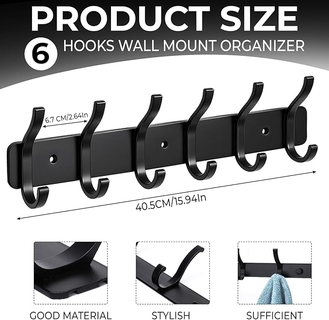 Coat Rack Wall Mount, 1 Pack Coat Hooks Hanger Wall Double Hook Rack Rail Towel - Image 2