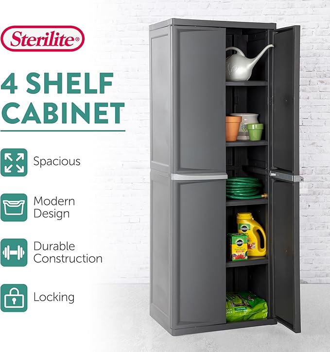 Sterilite 2-Pack 4 Shelf Cabinet, Lockable Utility Storage w/Adjustable Shelves, Gray - Plastic Shelving Unit for Organizing Garage, Pantry, Basement, Laundry Room or Mudroom - Image 3