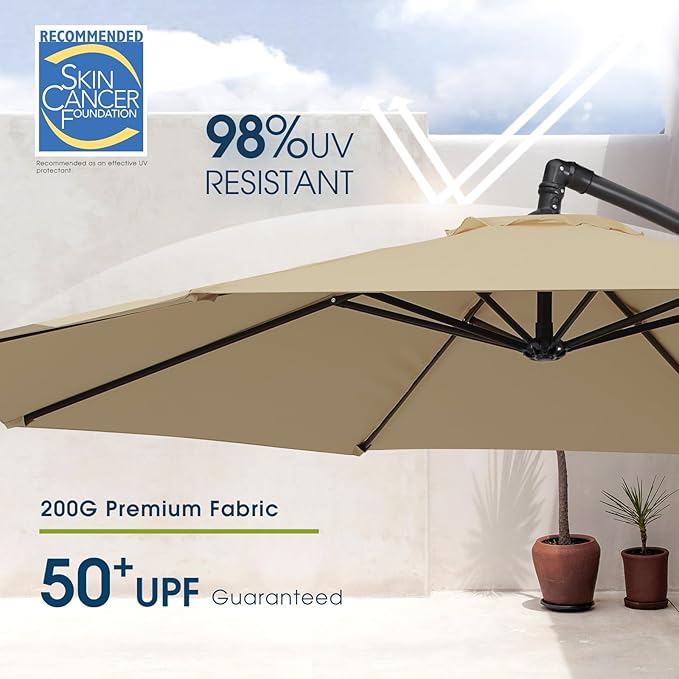 wikiwiki 10ft Patio Umbrella with Base Included, Outdoor Offset Cantilever Umbrella with Sandbag Base for Backyard, Garden and Pool, Easy to Tilt and Crank, Tan - Image 3
