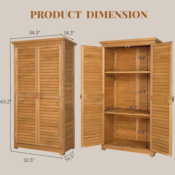 Outvita Outdoor Storage Cabinet, 63in Wooden Garden Tools Shed with 2 Lockable Doors, 3 Adjustable Shelves, Waterproof Roof for Yard Garge Patio Deck Porch, Natural - Image 6