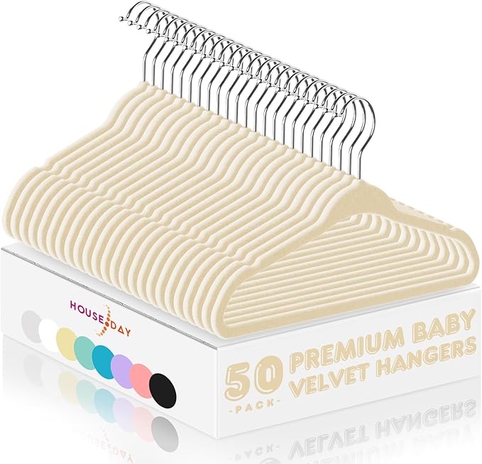 HOUSE DAY 11 Inch Velvet Baby Hangers 50 Pack Beige, Premium Kids Hangers by HOUSEDAY