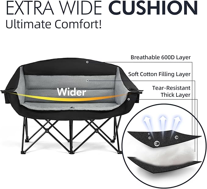 Double Camping Chair Loveseat - 2 Person Oversized Camping Couch for Adults Padded Heavy Duty Outdoor Lawn Beach Portable Folding XL Chairs with Cup Holders and Carry Bag Support 600lbs, Black/Grey - Image 3