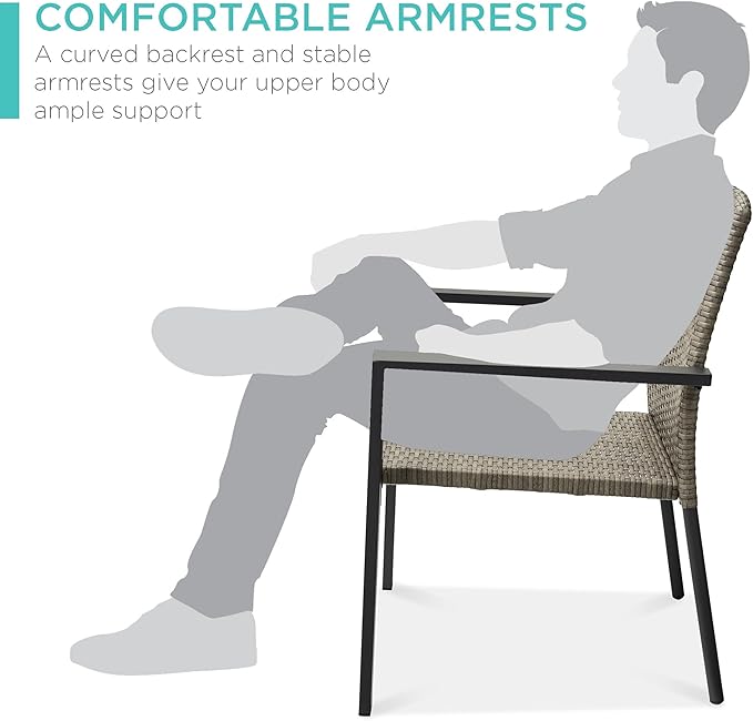 Best Choice Products Set of 2 Stackable Outdoor Wicker Dining Chairs All-Weather Firepit Armchair w/Armrests, Steel Frame for Patio, Deck, Garden, Yard - Taupe - Image 5