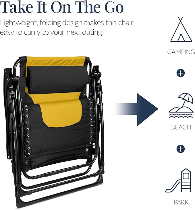 Best Choice Products Oversized Padded Zero Gravity Chair, Folding Outdoor Patio Recliner, XL Anti Gravity Lounger for Backyard w/Headrest, Cup Holder, Side Tray, Polyester Mesh - Black/Yellow - Image 6