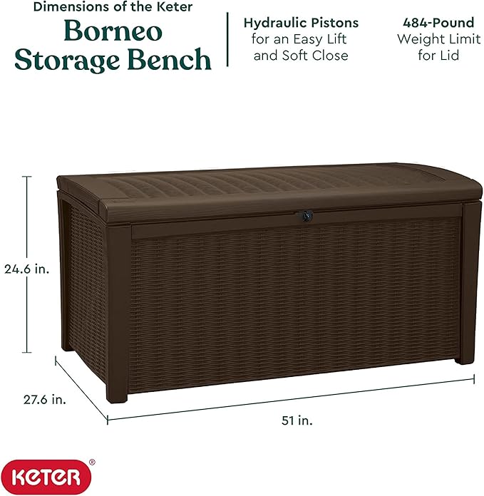 Keter Borneo 110 Gallon Resin Deck Box - Organization and Storage for Patio Furniture, Outdoor Cushions, Throw Pillows, Garden Tools and Pool Toys, Brown - Image 2
