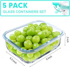 VERONES 5 Pack 36 OZ Glass Meal Prep Containers, Airtight Glass Lunch - Image 2