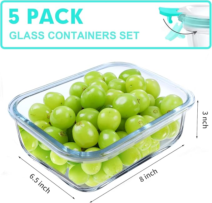 VERONES 5 Pack 36 OZ Glass Meal Prep Containers, Airtight Glass Lunch - Image 2