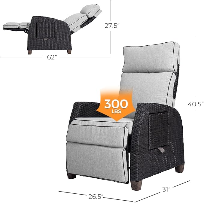 Grand patio Outdoor Reclining Chairs with Extended Footrest 2-Piece Adjustable Patio Wicker,Lounge Recliner up to 150° with Flip Side Table Griege - Image 2