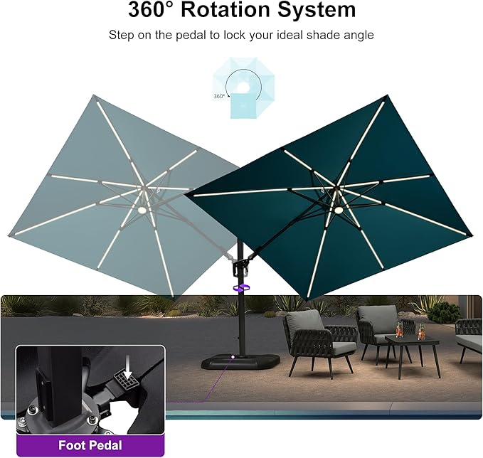 PURPLE LEAF 10 Feet Patio Umbrella with Base Outdoor Solar Powered LED Swivel Square Umbrella Offset Umbrella with 360-degree Rotation for Garden Deck Pool Patio, Turquoise Blue - Image 8