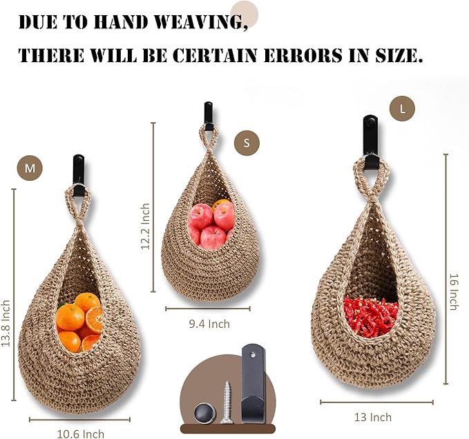 Hanging Fruit Large Basket Set of 3, Boho Wall Hanging Storage Basket - Image 2