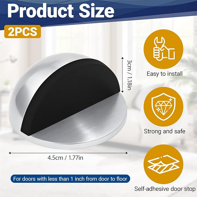 Self Adhesive Door Stoppers, Stainless Steel No Drill Rubber Floor Door Stop - Image 2