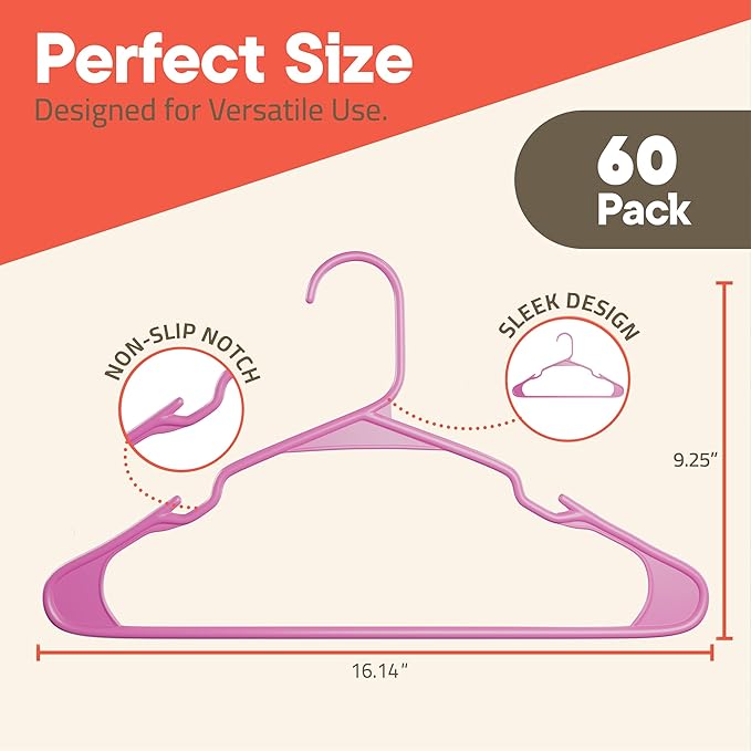 Pink Plastic Hangers 60 Pack– Heavy-Duty Plastic Hangers Slim and Space-Saving - Image 2