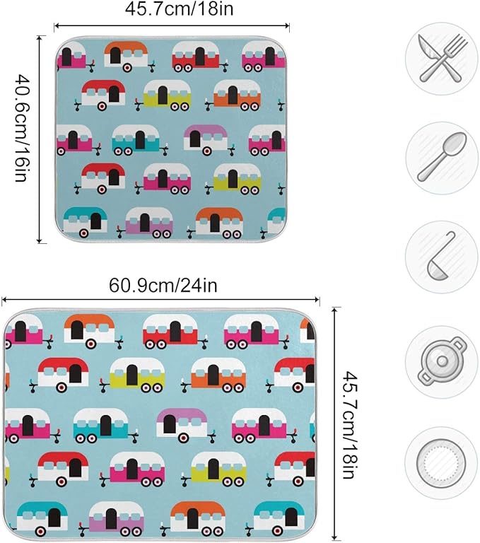 ALAZA Dish Drying Mat, Happy Camper Caravan Super Absorbent Reversible Rack - Image 2