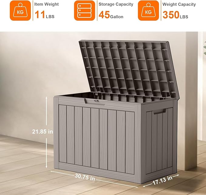 45 Gallon Outdoor Storage Box, Weather Resistant & Waterproof Resin Deck Box with UV Protection, Rattan Black Patio Storage Cabinet for Garden, Patio, Porch, Poolside(Gray) - Image 2