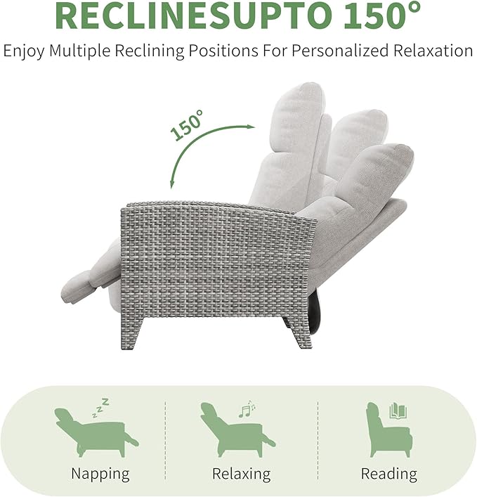 IDEALHOUSE Wicker Outdoor Recliner Reclining Patio Chairs with Adjustable Back & Footrest 150° Lay-Flat Reclining with Air Pump Rattan Flip-Up Side Table Outdoor Lounge Chairs for Pool Deck Balcony - Image 5
