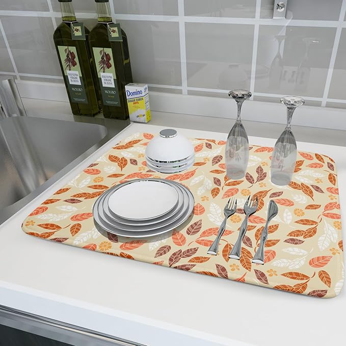 Fall Leaves Dish Drying Mat for Kitchen Counter Autumn Orange White Leaves - Image 6