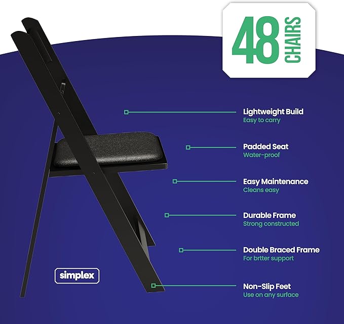SIMPLEX 48 Black Resin Stackable Folding Chair - Comfortable Black Foldable Chair - Folding Chairs with Padded Seats - Indoor/Outdoor Folding Chairs for Events - Lightweight Foldable Chairs (48 Pack) - Image 2