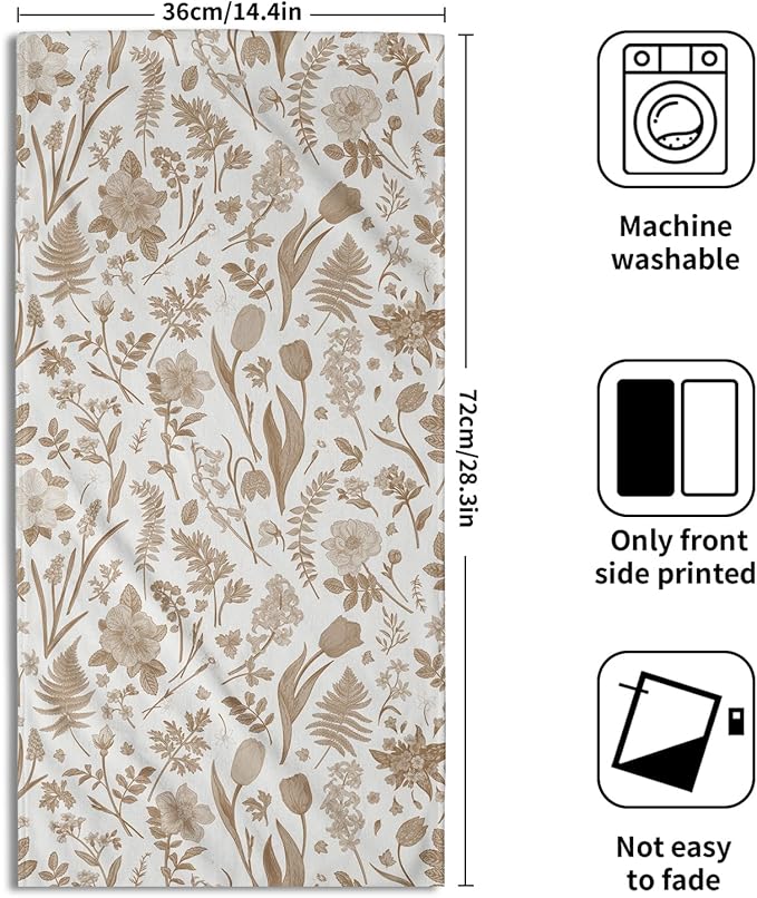 Spring Floral Hand Towels for Bathroom Set of 2 Brown White Flower Leaves - Image 2