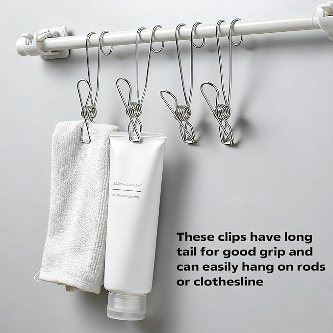 12 Pack Long Tail Clip with Hooks Clothes Pin, Cord Clothes Pins Hanging Peg - Image 3