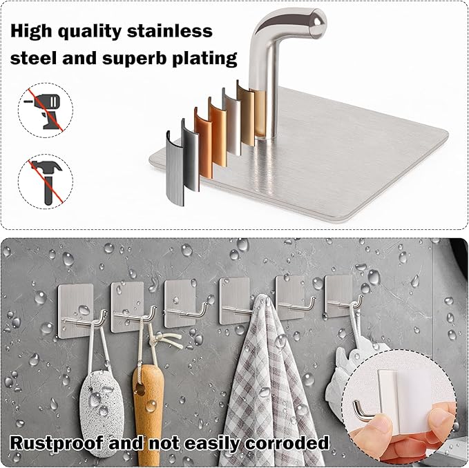 Livabber Adhesive Towel Hooks, 304 Stainless Steel Self Sticky Wall Hooks - Image 3