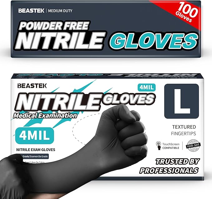 Beastek Black Disposable Nitrile Exam Gloves 100 Pcs 4Mil Chemical Resistant by Beastek