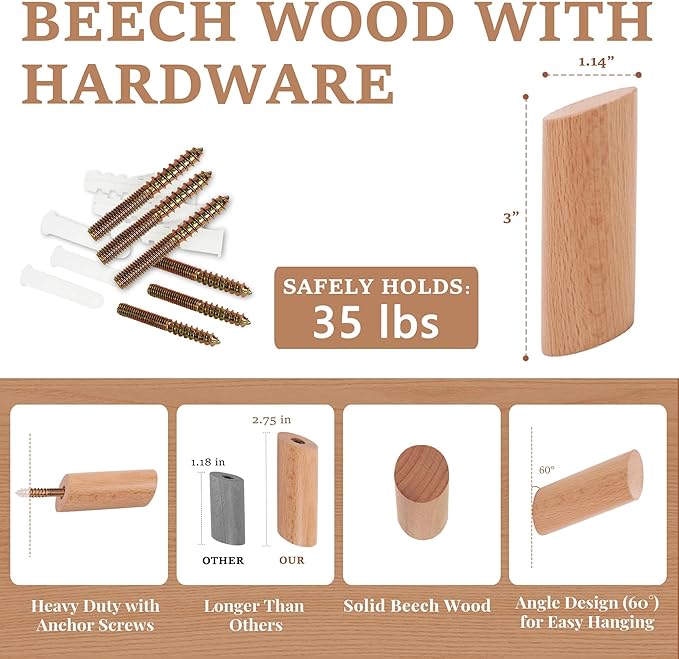 evory 6 Natural Wood Hooks for Wall, Rustic Wooden Coat Hooks Wall Mount - Image 7