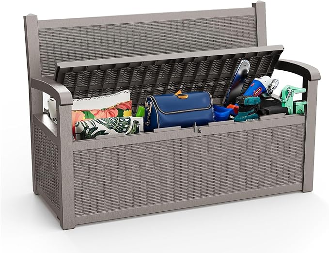 EasyUp 80 Gallon Outdoor Storage Bench Lockable Deck Box Outdoor Storage Box Waterproof for Patio,Garden,and Porch – Perfect for Storing Garden Tools and Cushions(Gray) by EASYUP