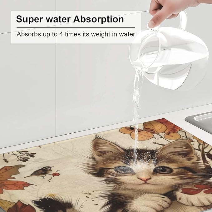 Cute Cat Dish Drying Mats for Kitchen Counter, Absorbent Reversible Microfiber - Image 5