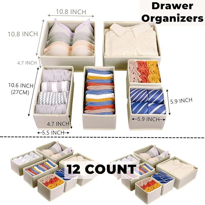 12 Pack Drawer Organizer Clothes, Foldable Fabric Dresser Organizer Closet - Image 3