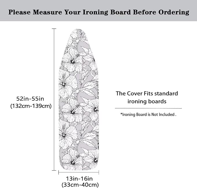 Black White Hibiscus Flower Ironing Board Cover-15x 54 Sketch Tropical Flowers - Image 5