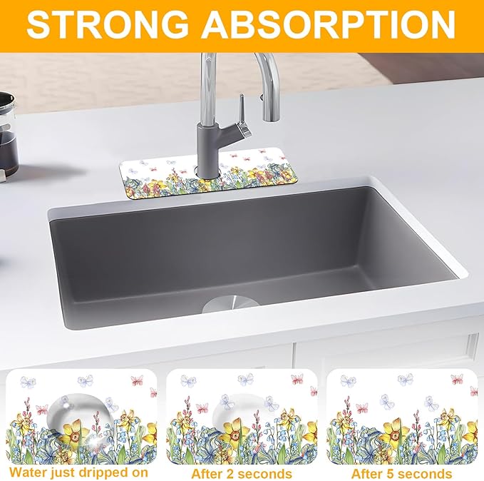2 Pack Butterfly Floral Sink Splash Guard Faucet Mat Rose Lily Tulip Peony - Image 5