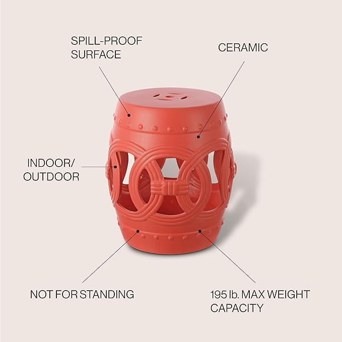 JONATHAN Y TBL1022G Lucky Coins 16" Chinese Ceramic Drum Indoor/Outdoor Garden Stool Bohemian, Coastal, Cottage, French Country, Traditional, for Living Room, Garden Room, Patio, Matte Coral - Image 4