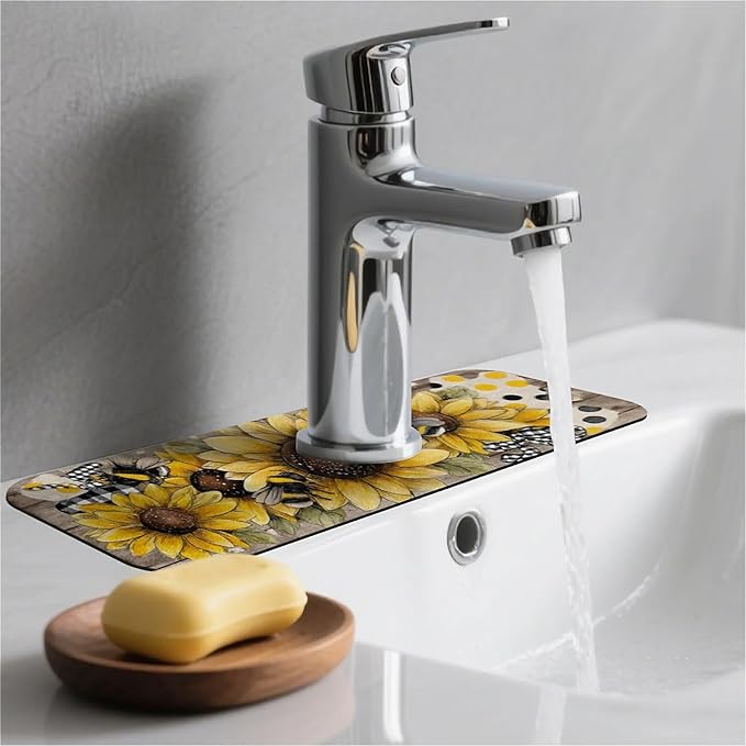 Kitchen Sink Splash Guard，Sunflower-with bumblebees Faucet Mat Sink - Image 2