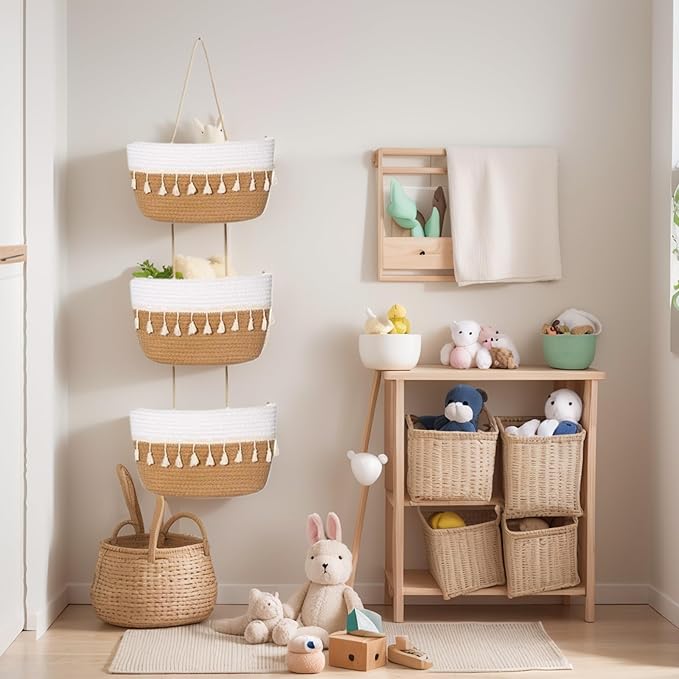 Hanging Baskets for Organizing, 3-Tier Woven Cotton Wall-Mounted Storage - Image 4