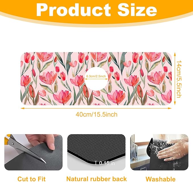 2 Pack Watercolor Tulips Sink Faucet Absorbing Mat Pink Tulips Super Absorbent - Image 2